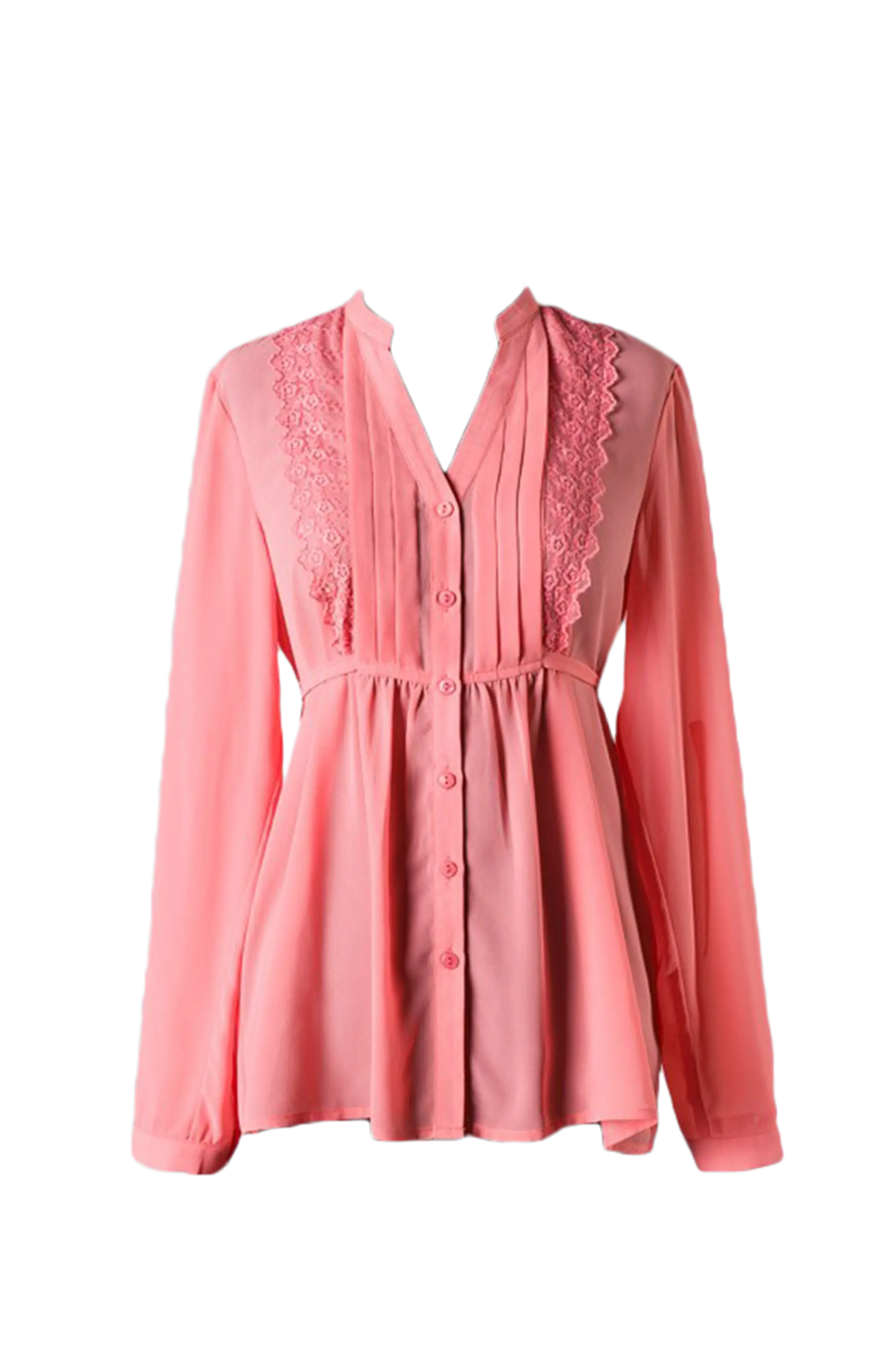 Long Sleeves Button Pleaded Blouse with Back Tie Waist Coral SurelyMine