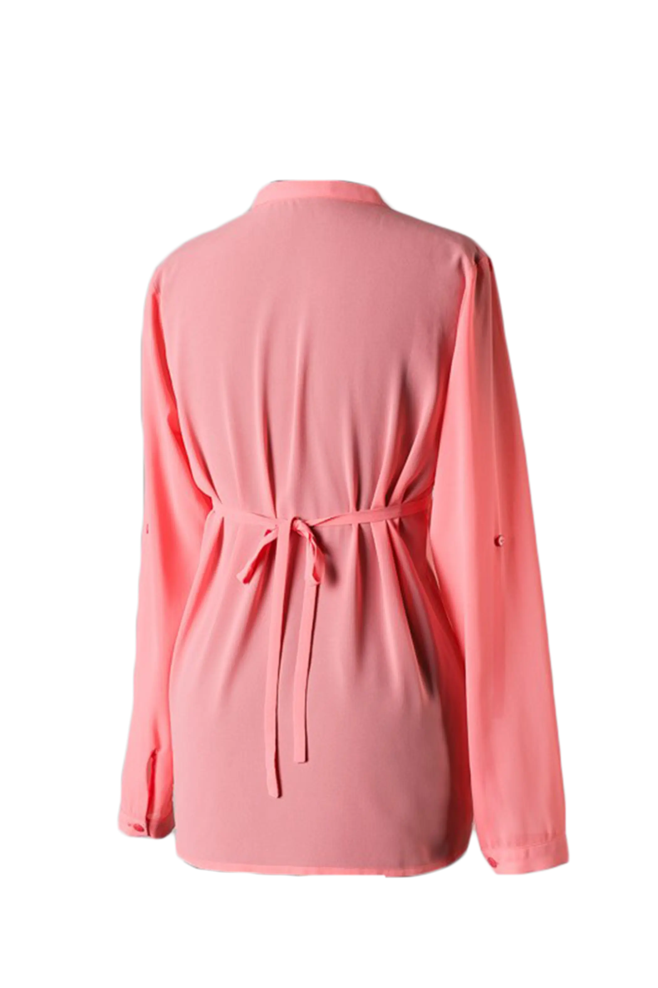 Long Sleeves Button Pleaded Blouse with Back Tie Waist Coral SurelyMine