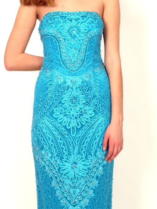 Long festive dress of turquoise color Raul E New York