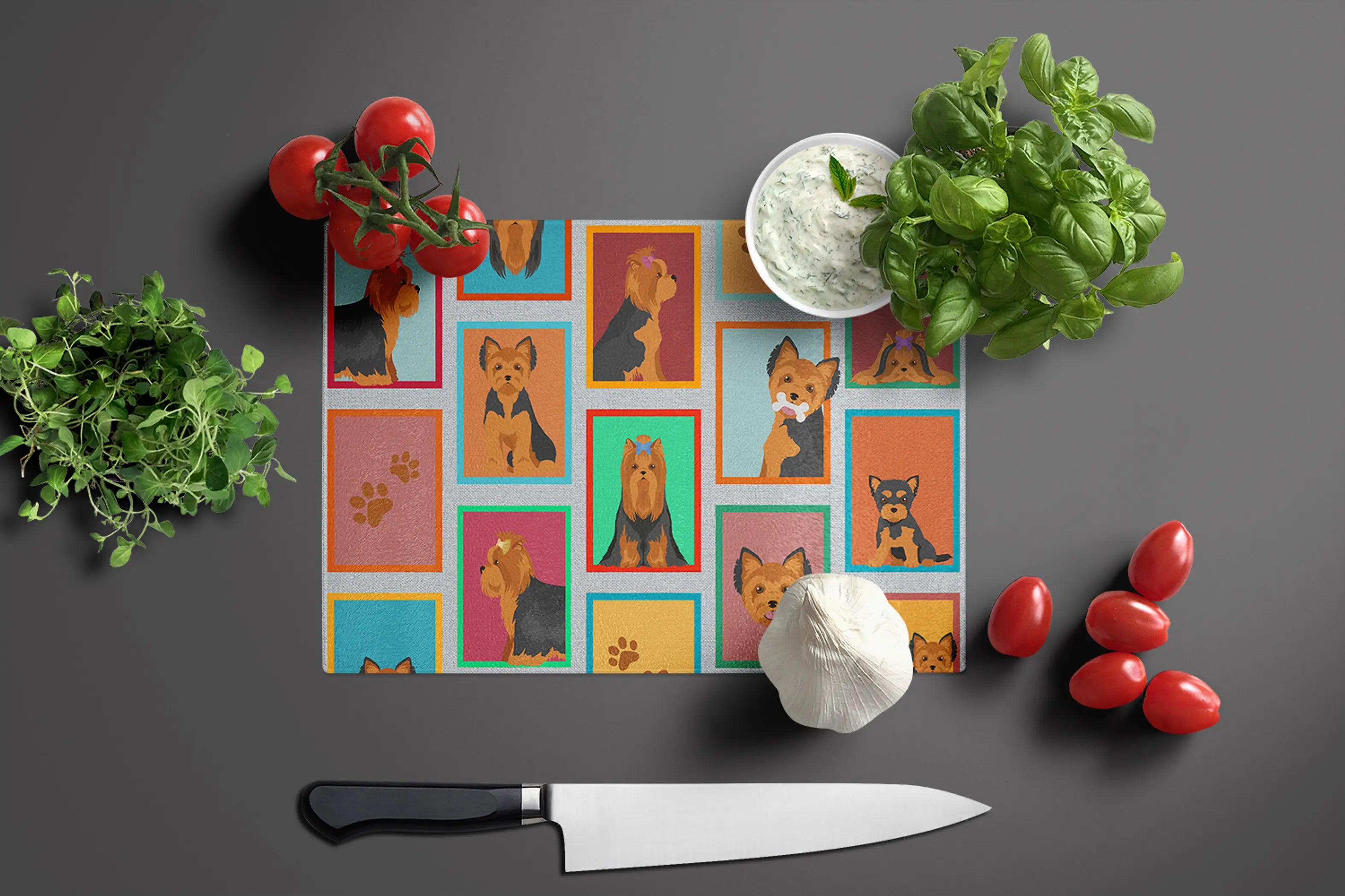 Lots of Black and Tan Yorkie Glass Cutting Board Caroline's Treasures