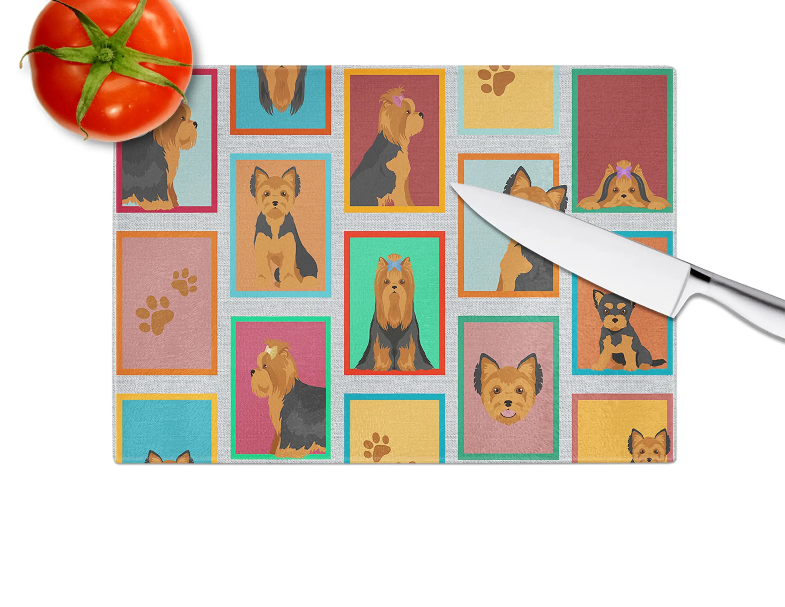 Lots of Black and Tan Yorkie Glass Cutting Board Caroline's Treasures