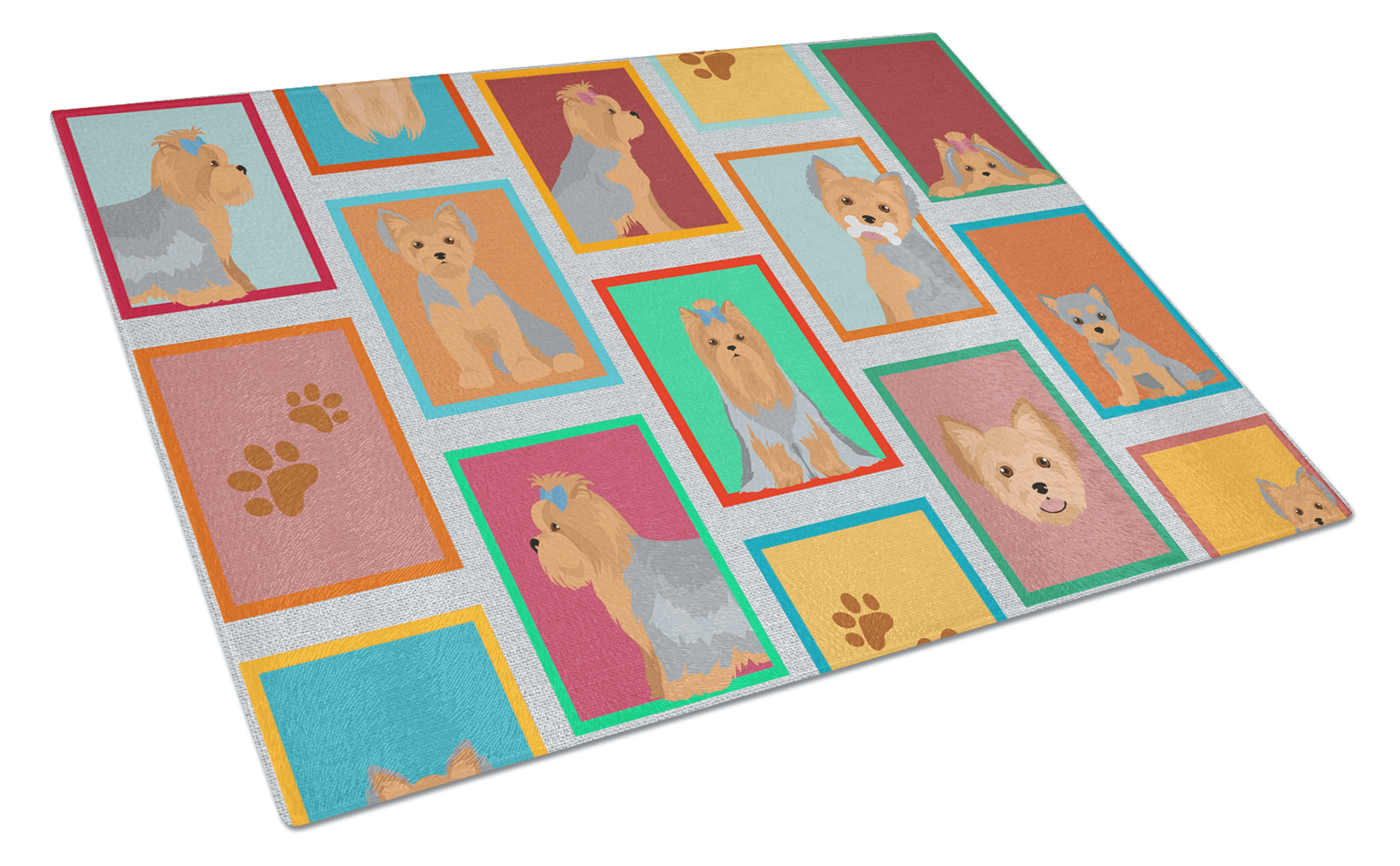 Lots of Blue and Tan Yorkie Glass Cutting Board Caroline's Treasures