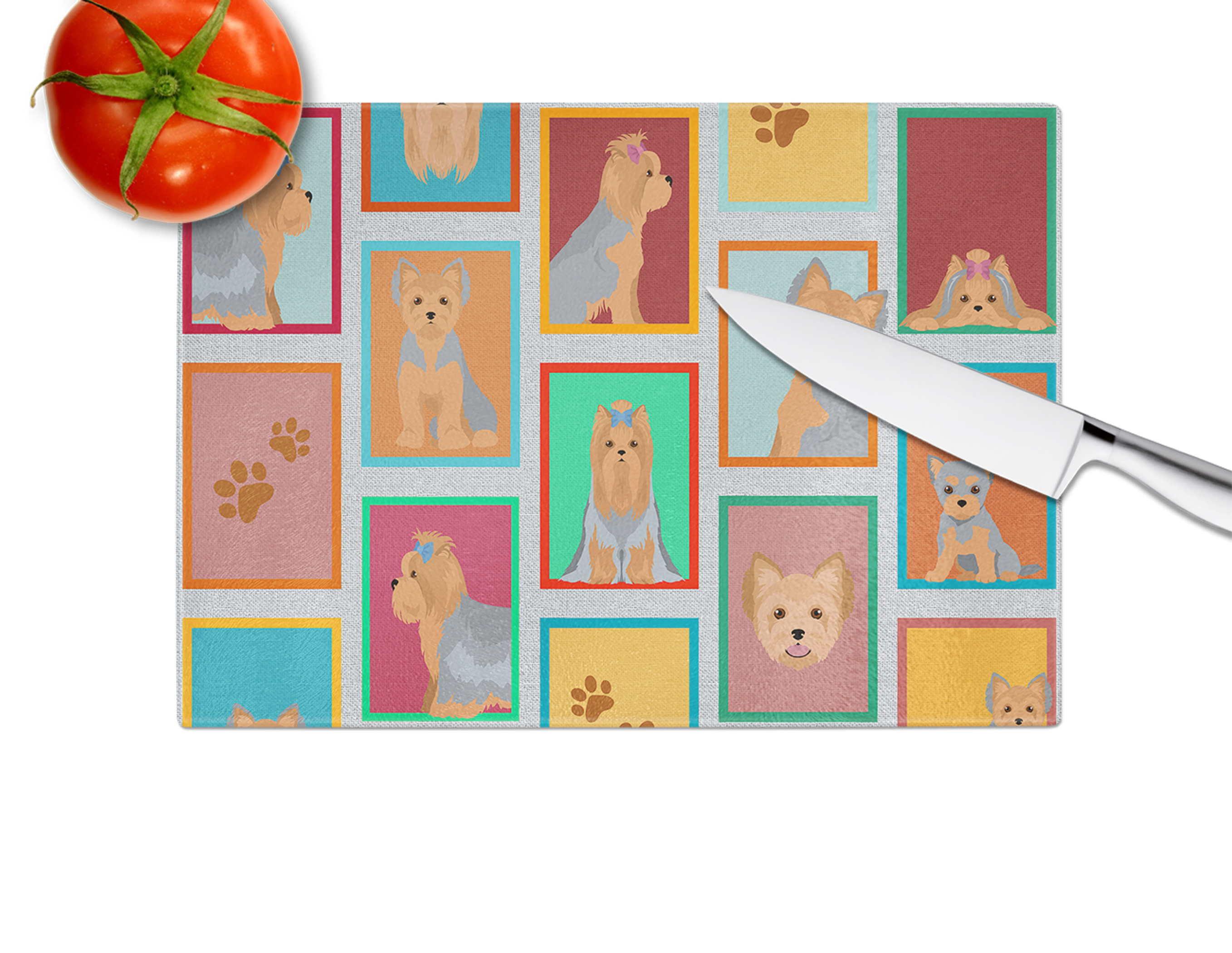 Lots of Blue and Tan Yorkie Glass Cutting Board Caroline's Treasures