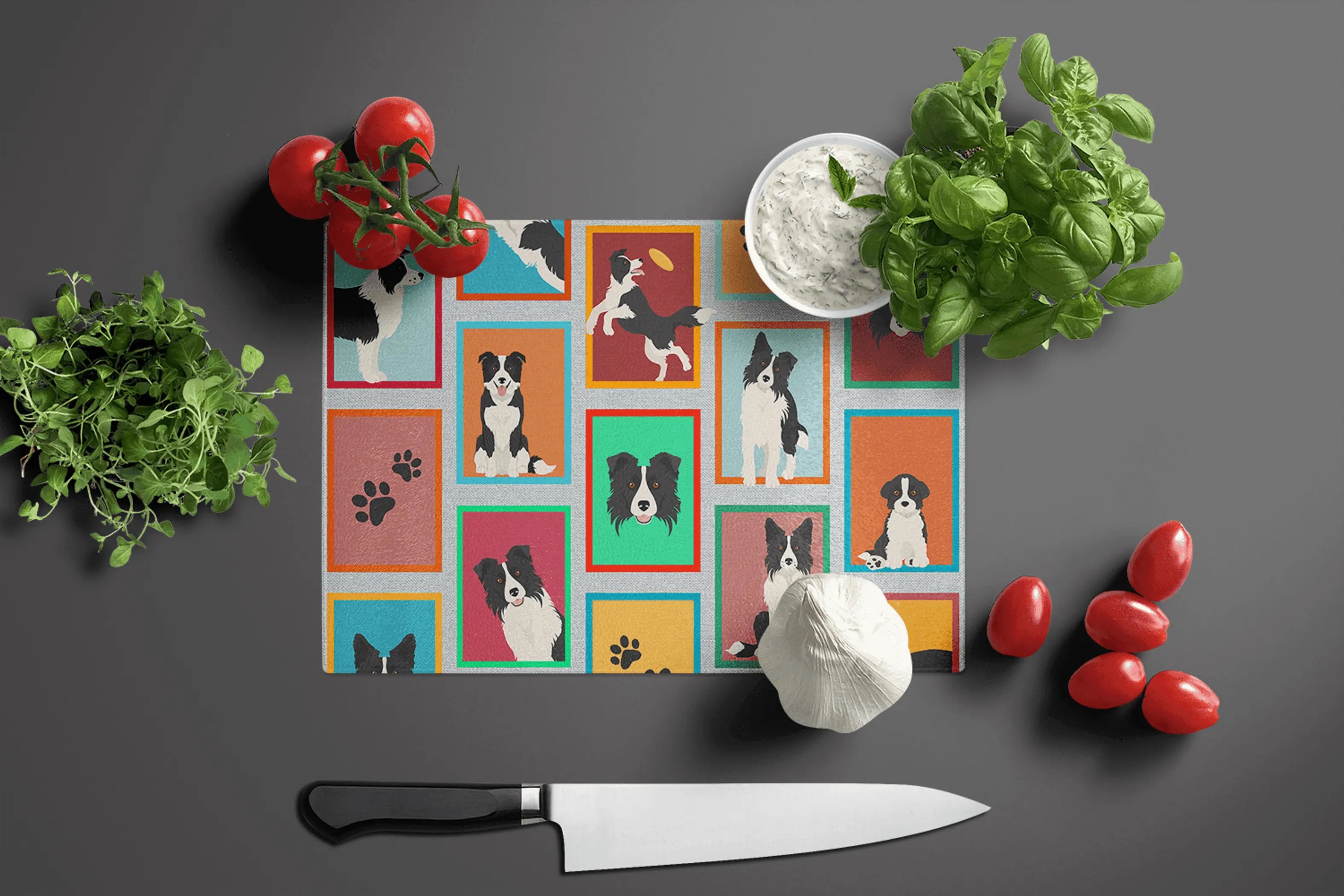 Lots of Border Collie Glass Cutting Board Caroline's Treasures