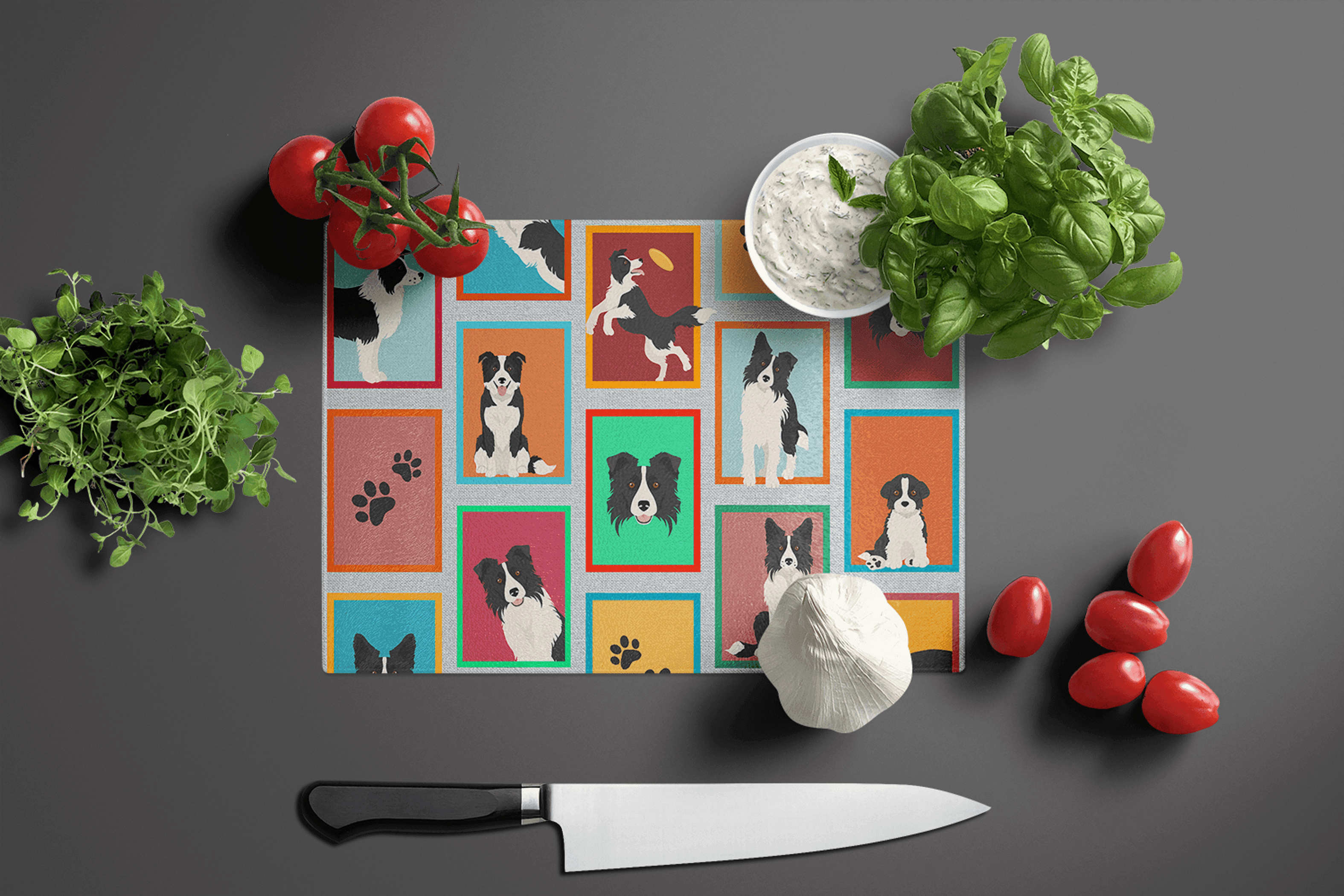 Lots of Border Collie Glass Cutting Board Caroline's Treasures