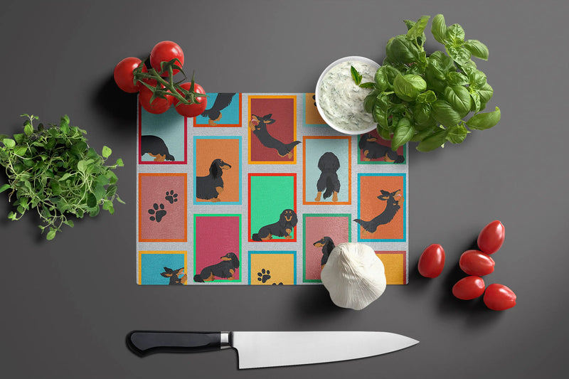 Colorful dachshund-patterned cutting board, featuring vibrant hues on a durable material, perfect for pet lovers.
