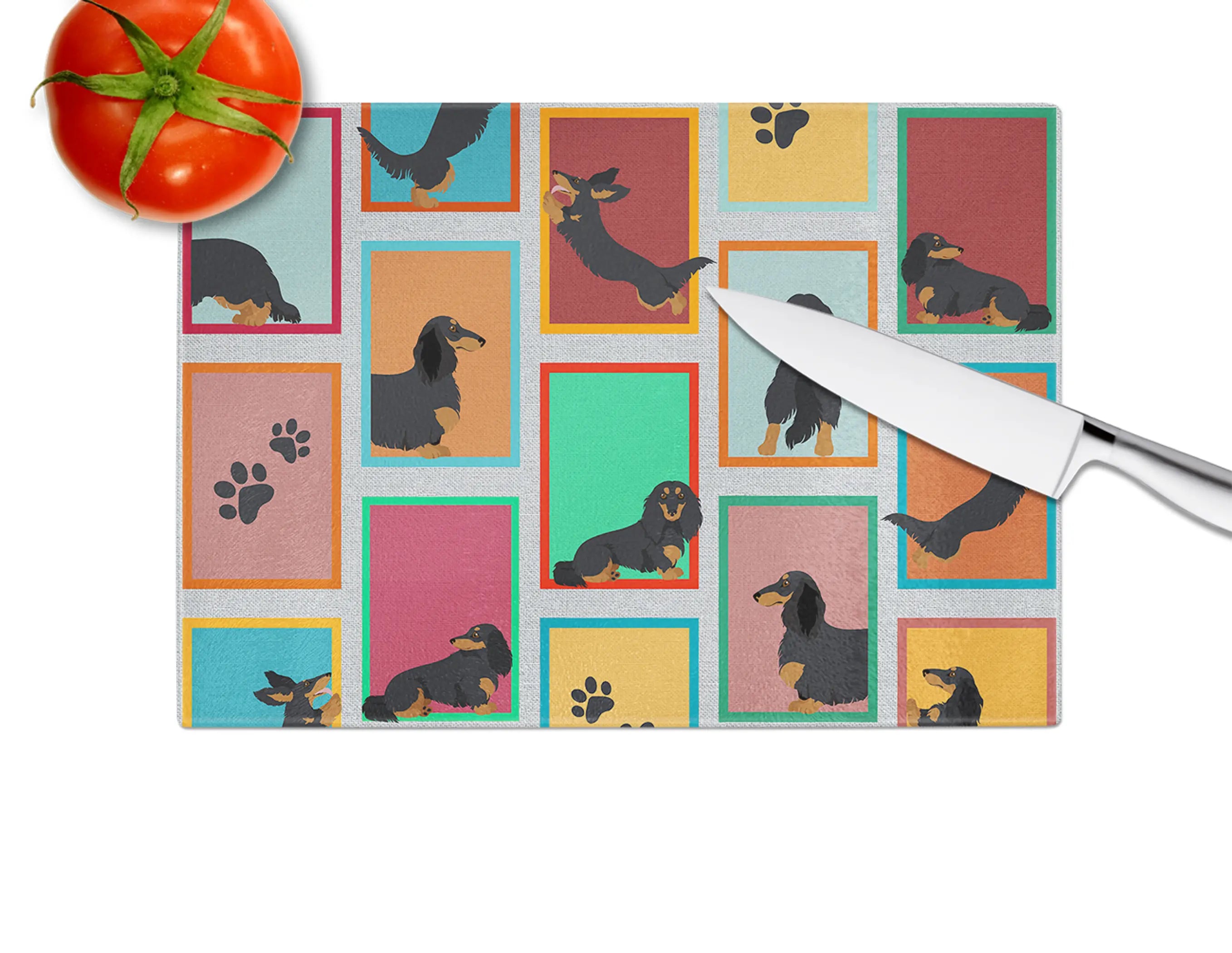 Colorful dachshund-patterned cutting board, made of durable material, perfect for dog lovers and stylish kitchens.