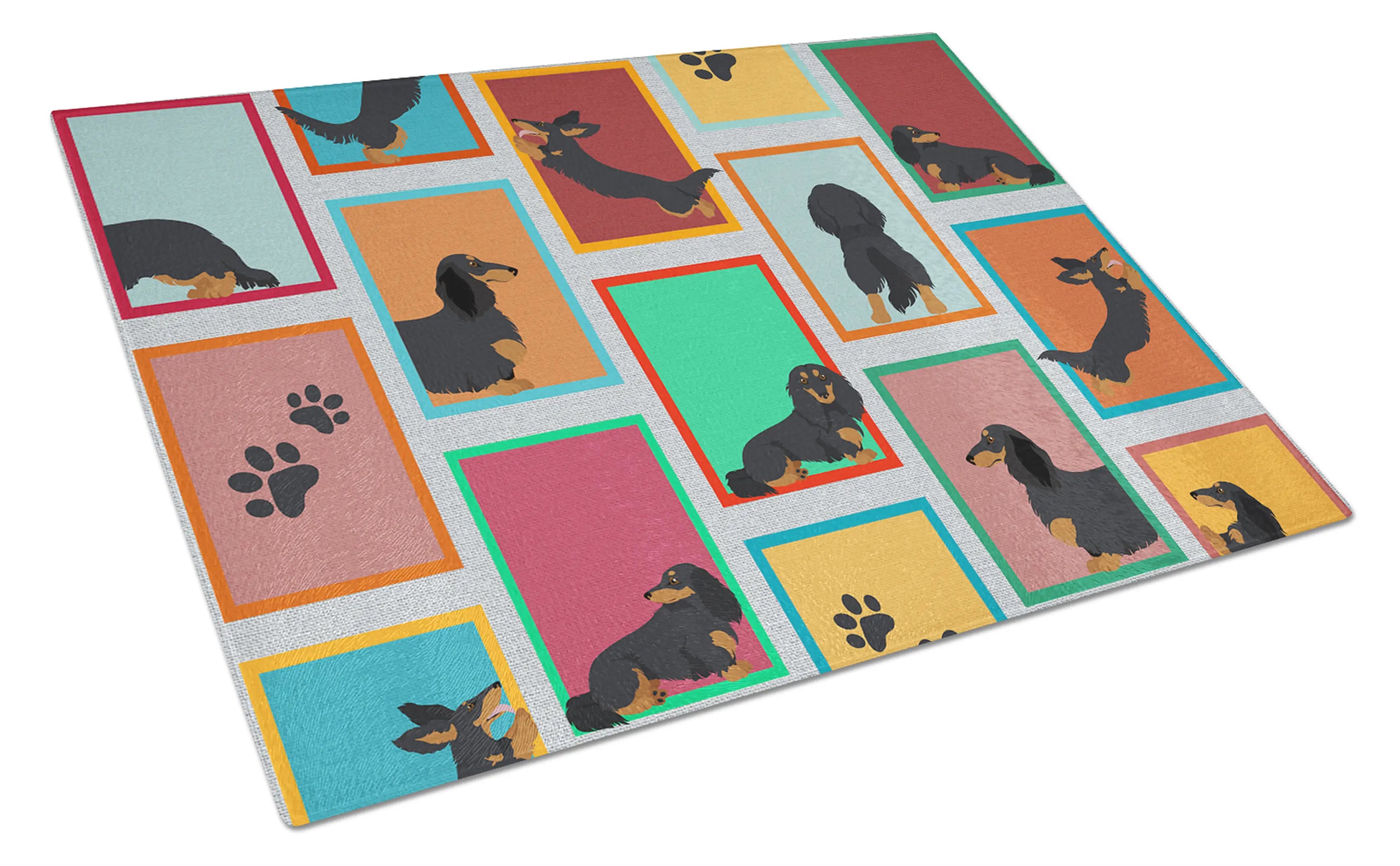 Colorful dachshund-patterned area rug featuring playful designs on a textured fabric backdrop. Perfect for dog lovers.