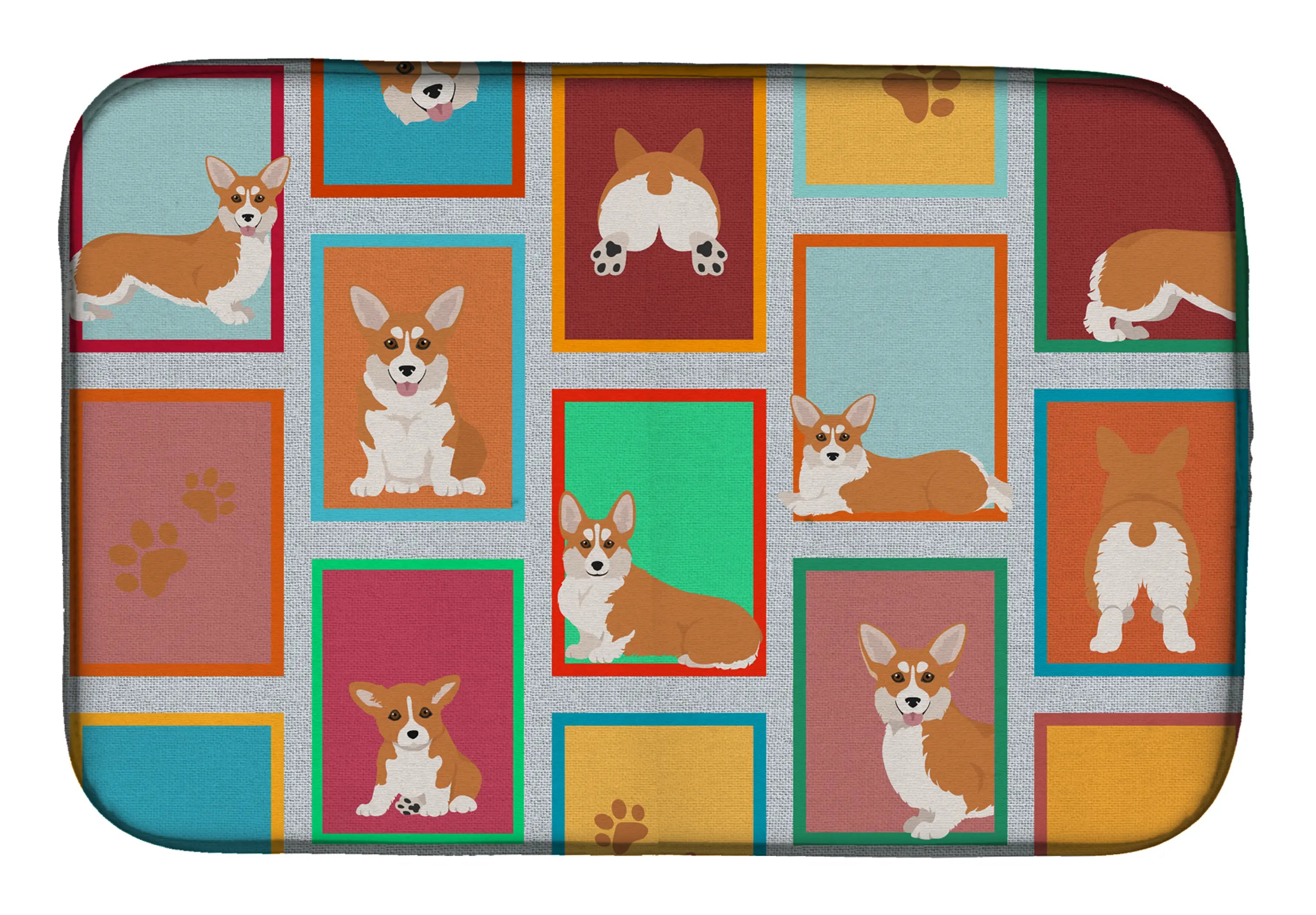 Lots of Red and White Pembroke Corgi Dish Drying Mat Caroline's Treasures