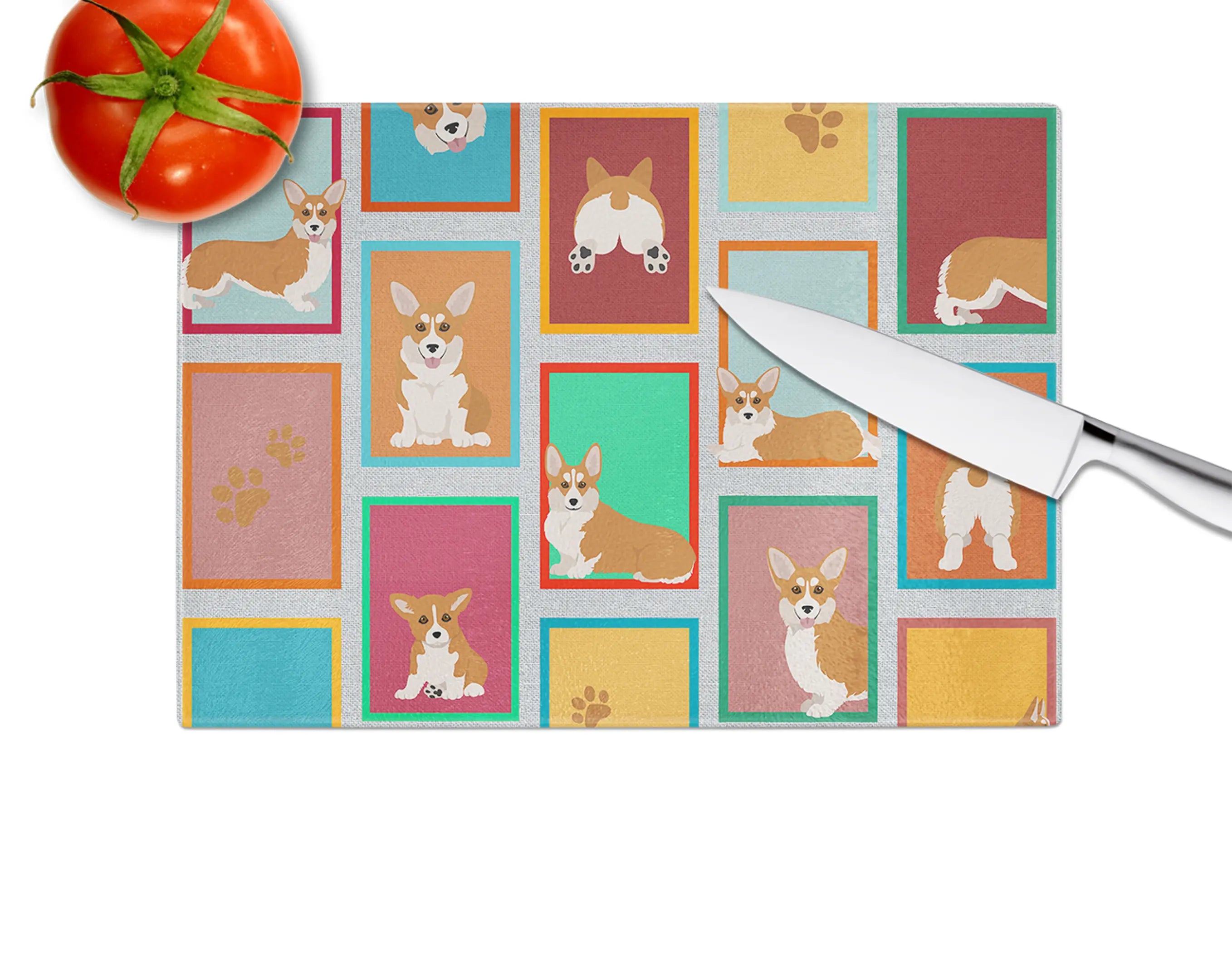 Lots of Red and White Pembroke Corgi Glass Cutting Board Caroline's Treasures