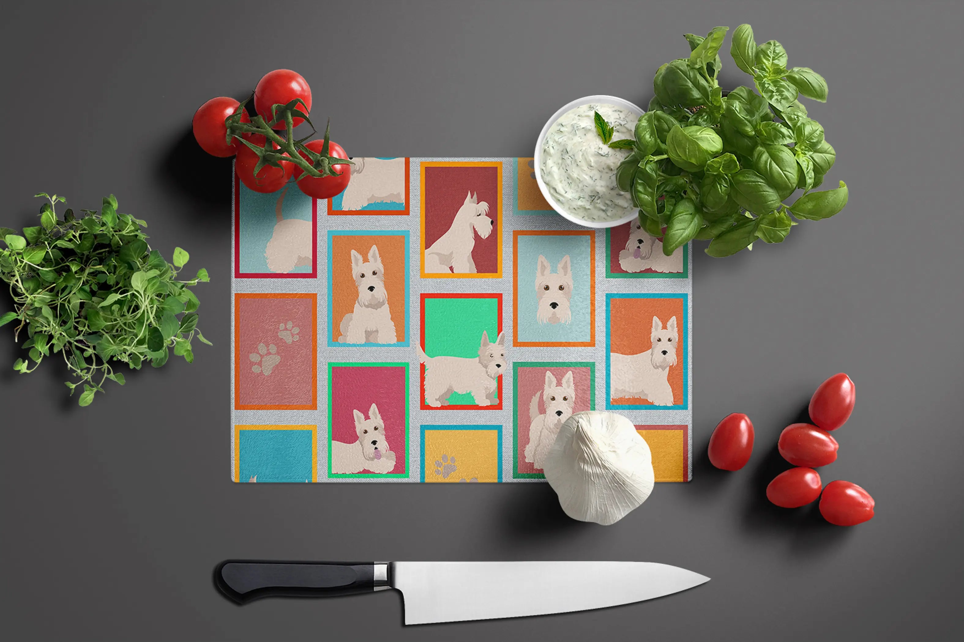 Lots of Wheaten Scottish Terrier Glass Cutting Board Caroline's Treasures