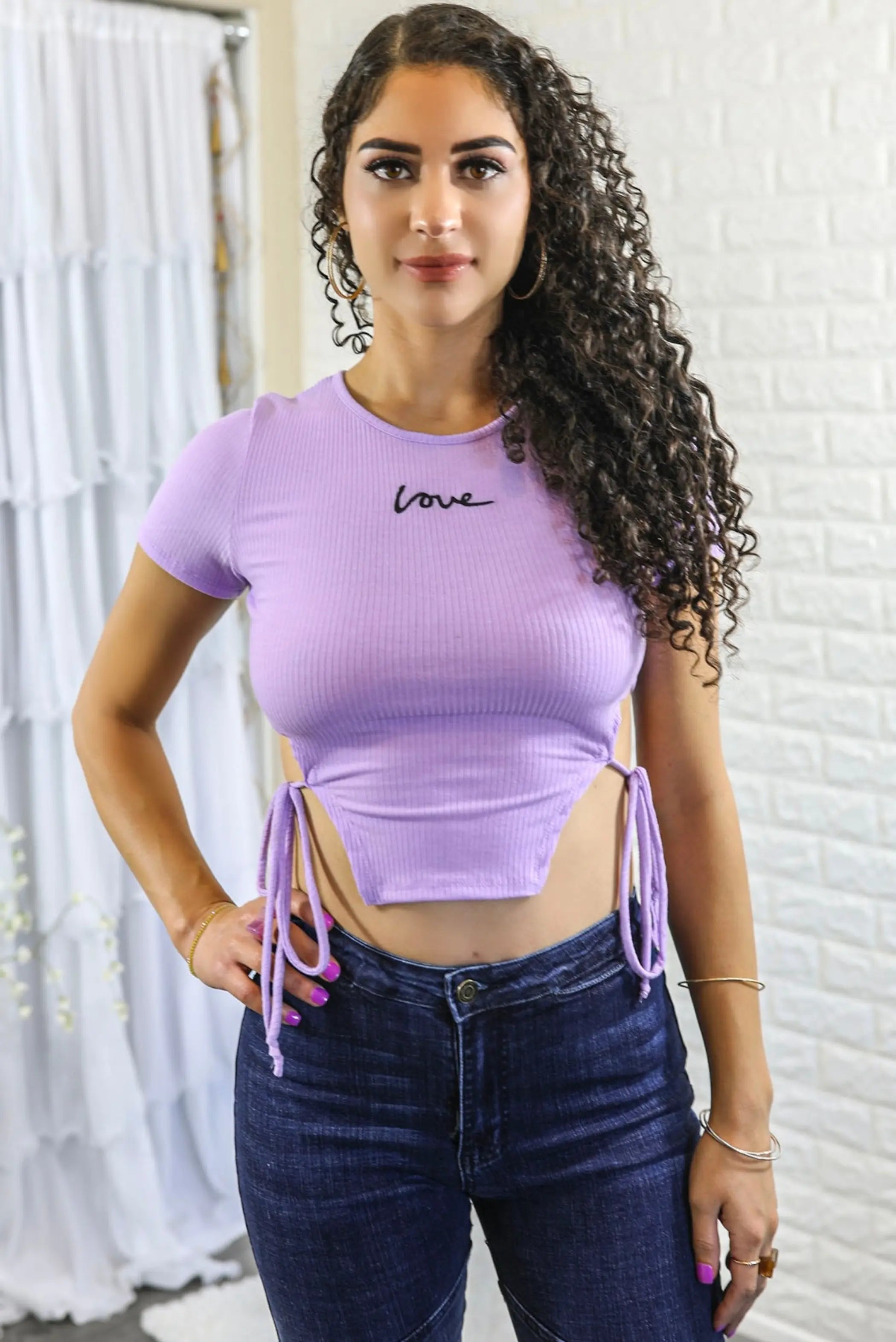 Love Me Rib Side Cut Outs Ties Front Embroidered Crop Top SurelyMine