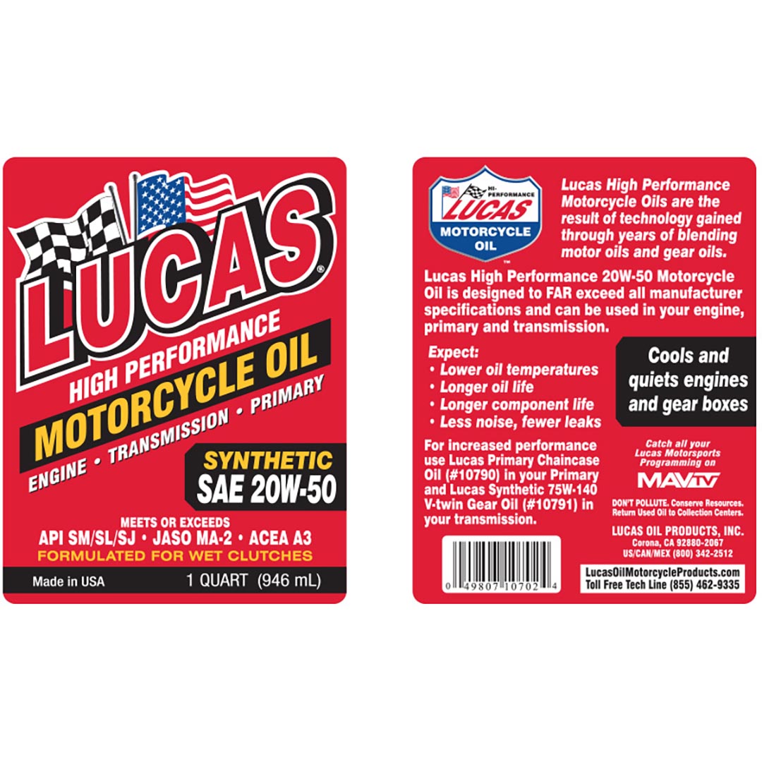 Lucas Oil Synthetic Sae 20w-50 Motorcycle With Moly - 1 Quart LUCASOIL