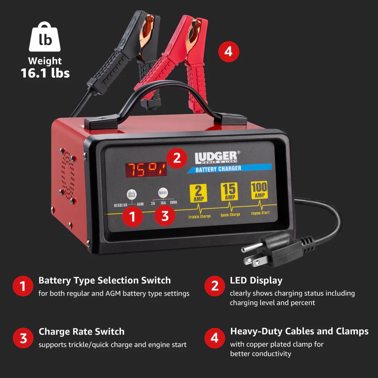 Ludger Batery Charger - 3 Modes: 12-volt/2a 12-volt/15a And 12-volt/100a Engine Nippon