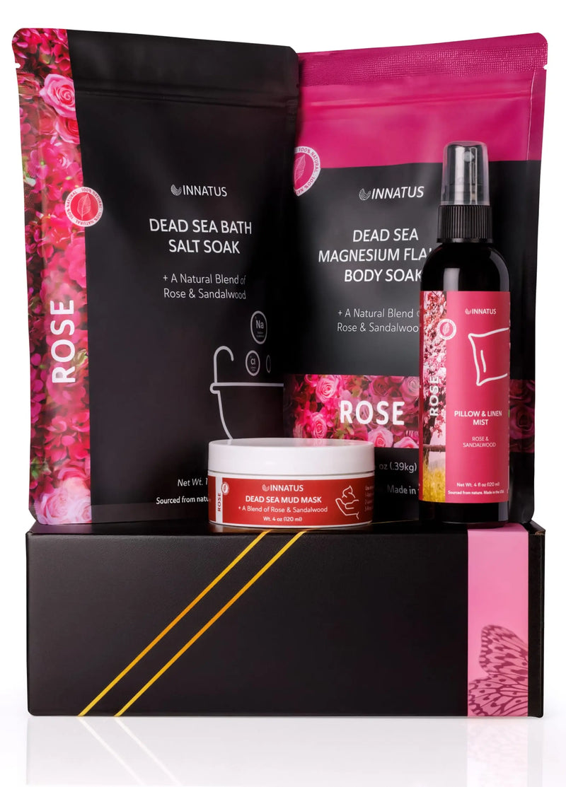 Luxury Dead Sea Spa Gift Set Bath Salt, Magnesium Flakes, Pillow & Linen Spray, and Mud Mask Rose & Sandalwood Aromatherapy Kit for Relaxation, Hydration & Skincare Perfect Self-Care Gift Inattus