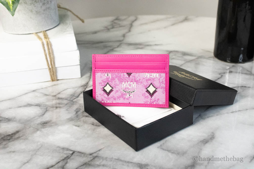 MCM Veritas Vintage Pink Denim Fabric Monogrammed Card Case JV Deals