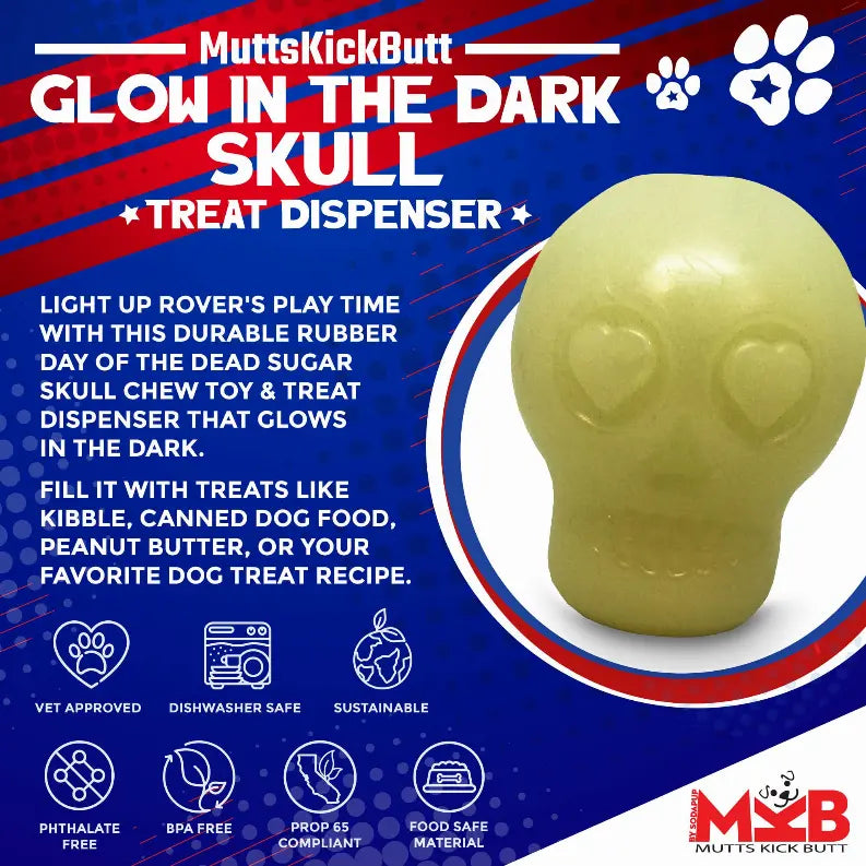 MKB Glow in the Dark Sugar Skull Chew Toy & Treat Dispenser SodaPup