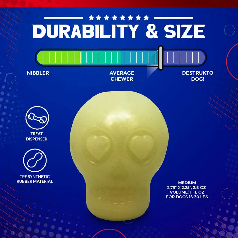 MKB Glow in the Dark Sugar Skull Chew Toy & Treat Dispenser SodaPup