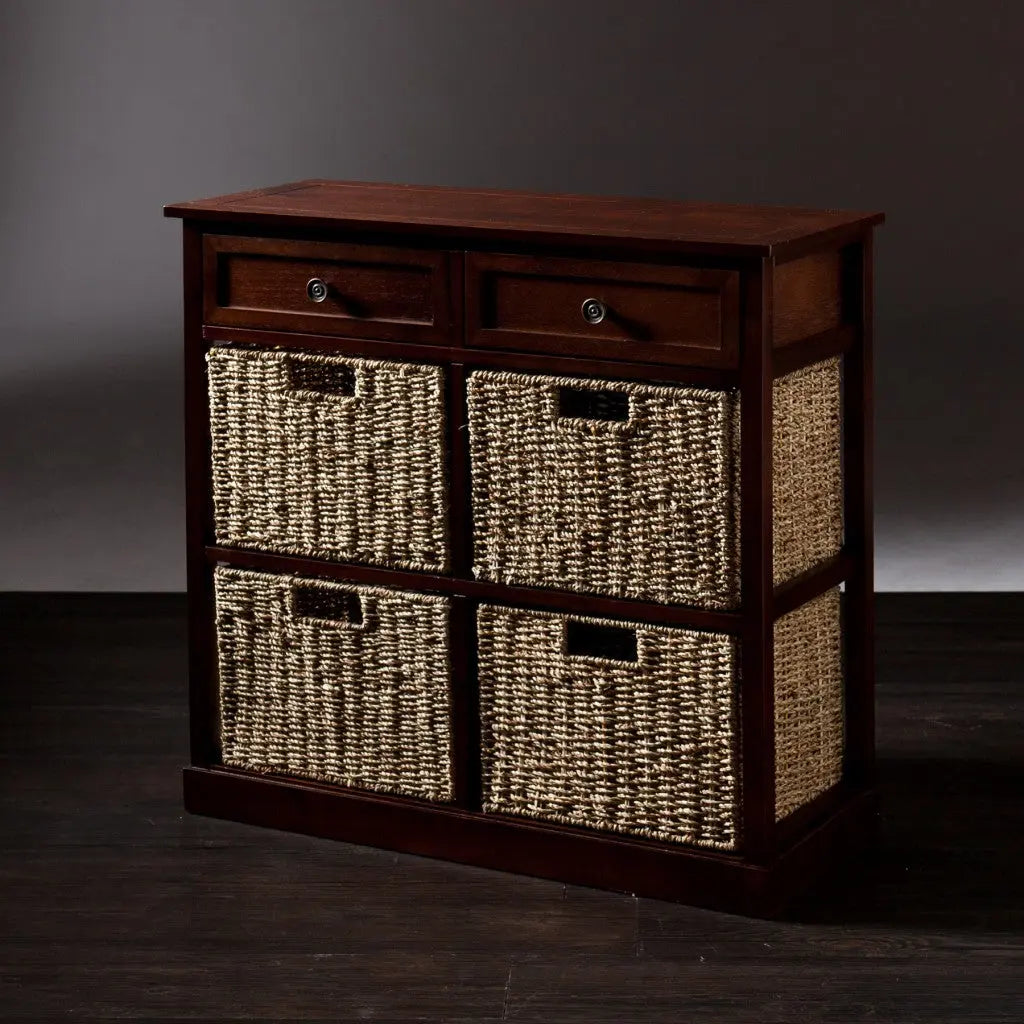 Mahogany and Seagrass Basket Storage Shelving Unit Homeroots Kitchen & Dining