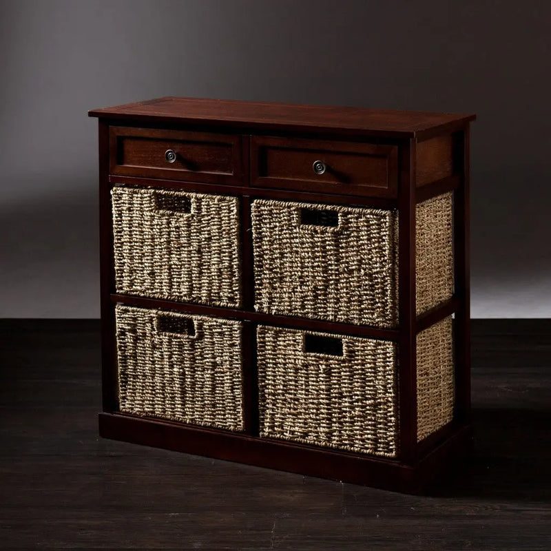 Mahogany and Seagrass Basket Storage Shelving Unit Homeroots Kitchen & Dining
