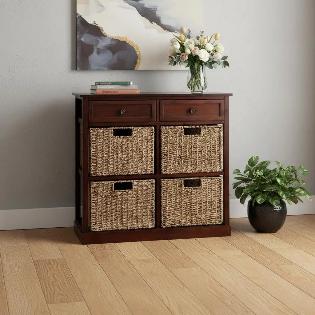 Mahogany and Seagrass Basket Storage Shelving Unit Homeroots Kitchen & Dining