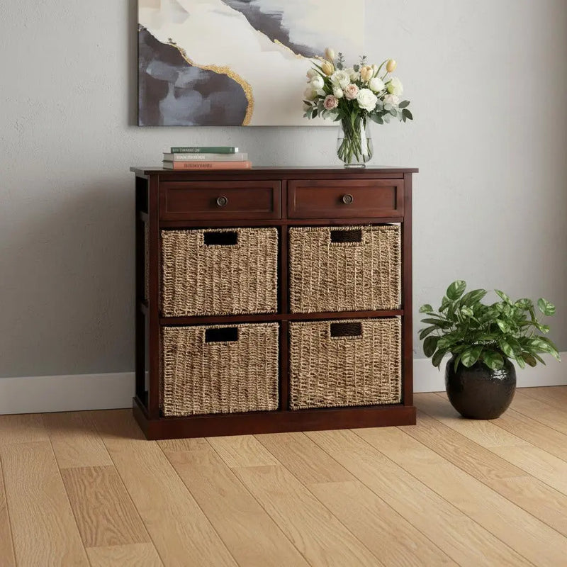 Mahogany and Seagrass Basket Storage Shelving Unit Homeroots Kitchen & Dining