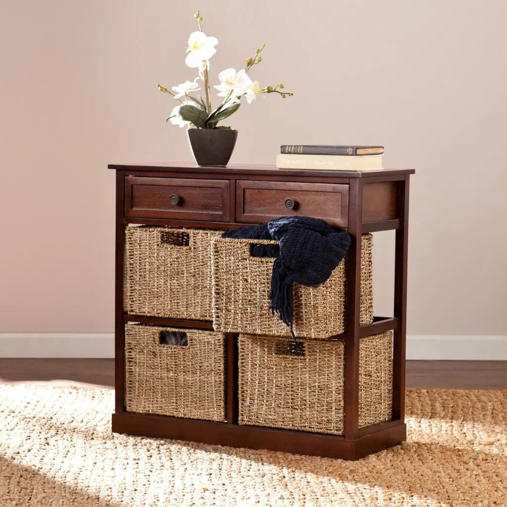 Mahogany and Seagrass Basket Storage Shelving Unit Homeroots Kitchen & Dining