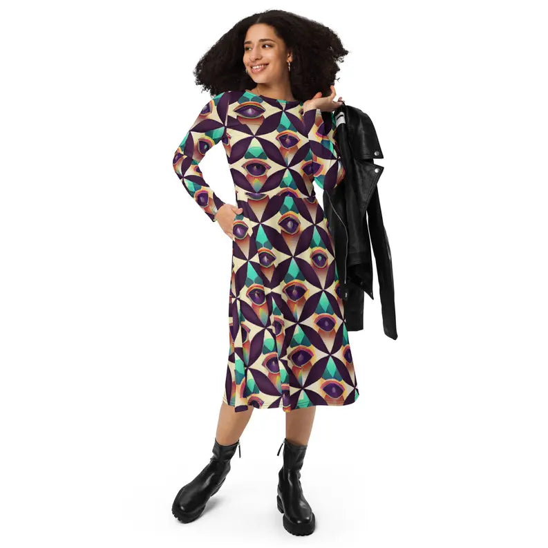 Maroon Green Diamond Print Long Sleeve Midi Dress Adirelounge