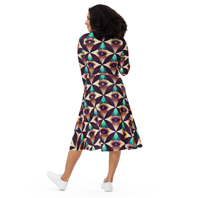 Maroon Green Diamond Print Long Sleeve Midi Dress Adirelounge