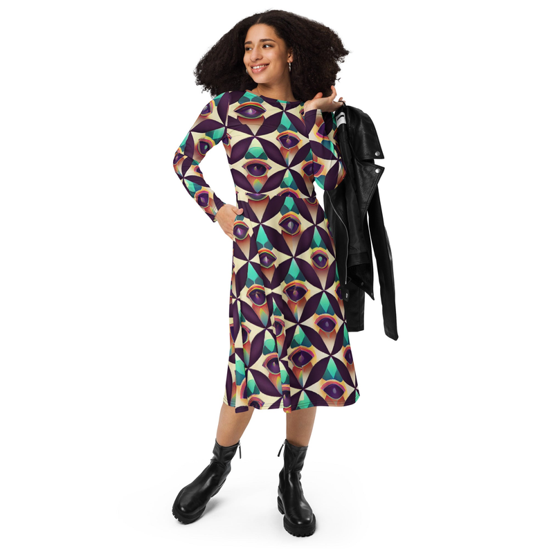 Maroon Green Diamond Print Long Sleeve Midi Dress Adirelounge