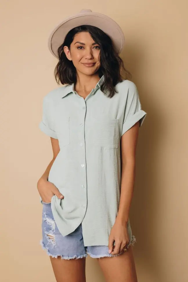 Marsha Button Up Short Sleeve Top Stay Warm in Style