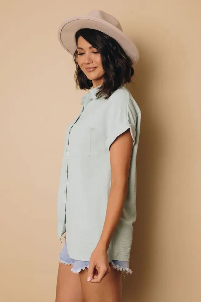 Marsha Button Up Short Sleeve Top Stay Warm in Style