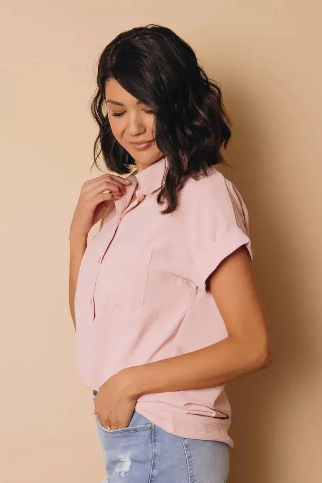 Marsha Button Up Short Sleeve Top Stay Warm in Style