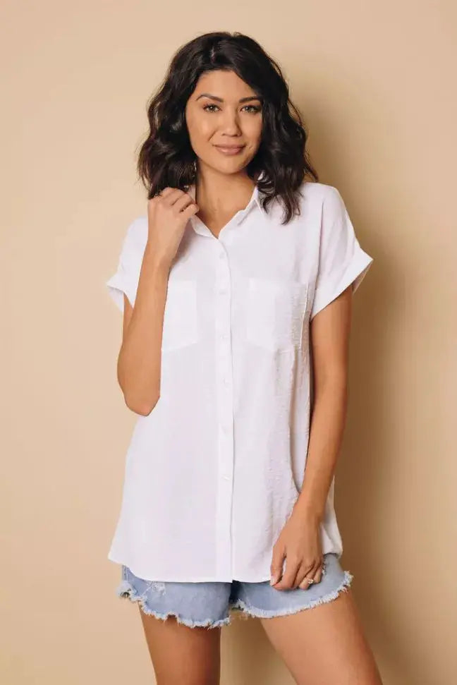 Marsha Button Up Short Sleeve Top Stay Warm in Style