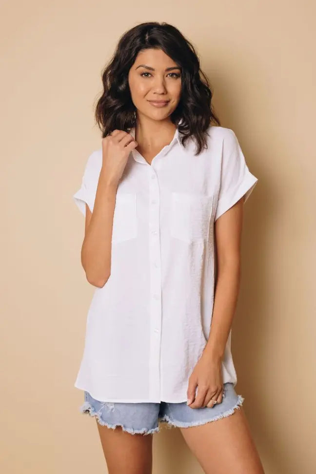 Marsha Button Up Short Sleeve Top Stay Warm in Style