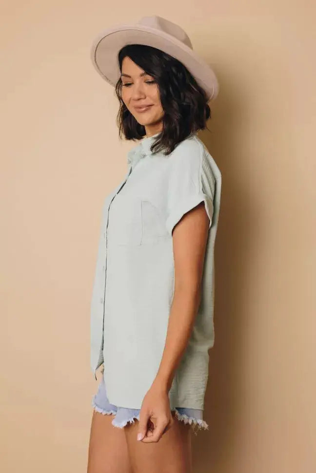 Marsha Button Up Short Sleeve Top Stay Warm in Style