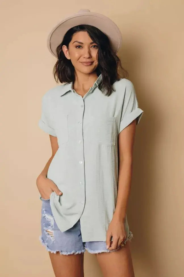 Marsha Button Up Short Sleeve Top Stay Warm in Style