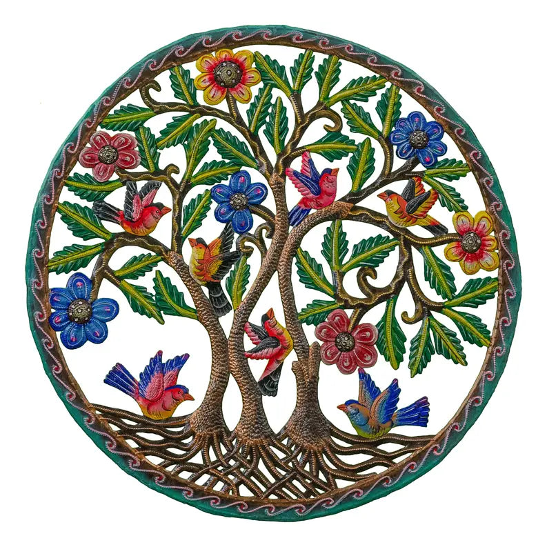 Medium Painted 3 Trees with 7 Birds Le Primitif Galleries