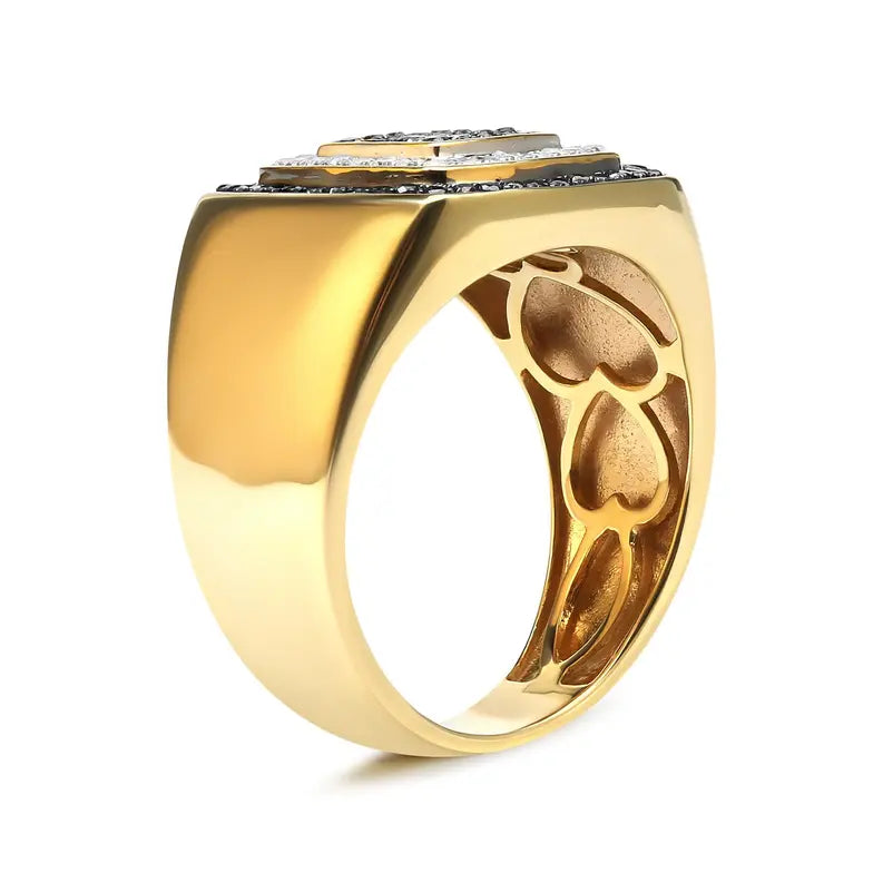 Men's 10K Yellow Gold 3/4 Cttw White and Black Treated Diamond Ring Band (Black / I-J Color, I2-I3 Clarity) Luxcom