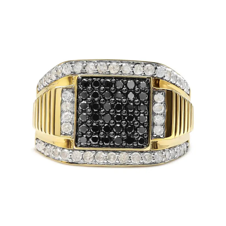 Men's 14K Yellow Gold Plated .925 Sterling Silver 1 1/2 Cttw White and Black Treated Diamond Cluster Ring (Black / I-J Color, I2-I3 Clarity) Luxcom