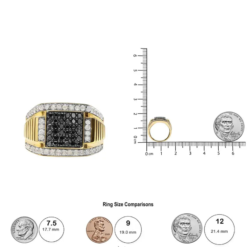 Men's 14K Yellow Gold Plated .925 Sterling Silver 1 1/2 Cttw White and Black Treated Diamond Cluster Ring (Black / I-J Color, I2-I3 Clarity) Luxcom