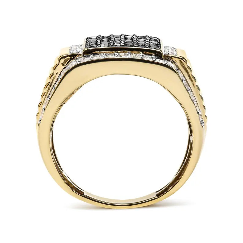 Men's 14K Yellow Gold Plated .925 Sterling Silver 1 1/2 Cttw White and Black Treated Diamond Cluster Ring (Black / I-J Color, I2-I3 Clarity) Luxcom