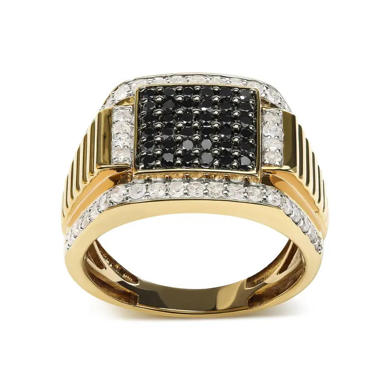 Men's 14K Yellow Gold Plated .925 Sterling Silver 1 1/2 Cttw White and Black Treated Diamond Cluster Ring (Black / I-J Color, I2-I3 Clarity) Luxcom