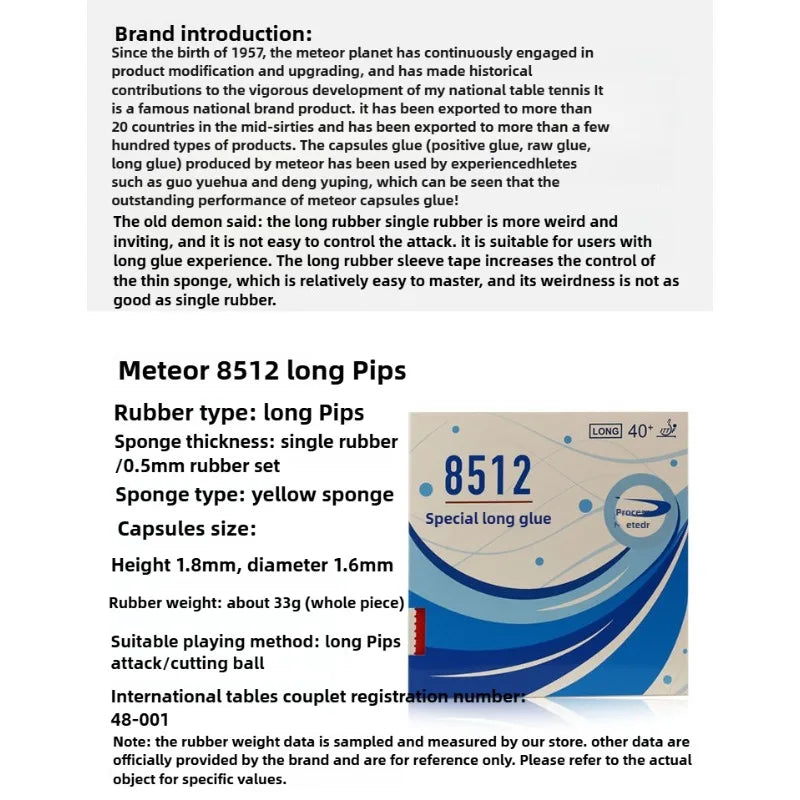 Meteor 9012/8512 Long Pips Table Tennis Rubber OX ITTF Approved Ping Pong Rubber 0.5mm Sponge for Table Tennis Racket Attack GreatEagleInc