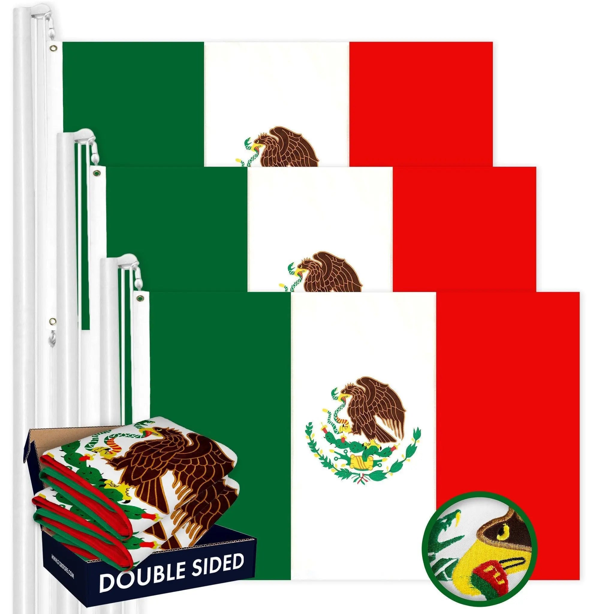 Mexico Mexican Flag 2x3FT 3-Pack Double-sided Embroidered Polyester By G128 G128