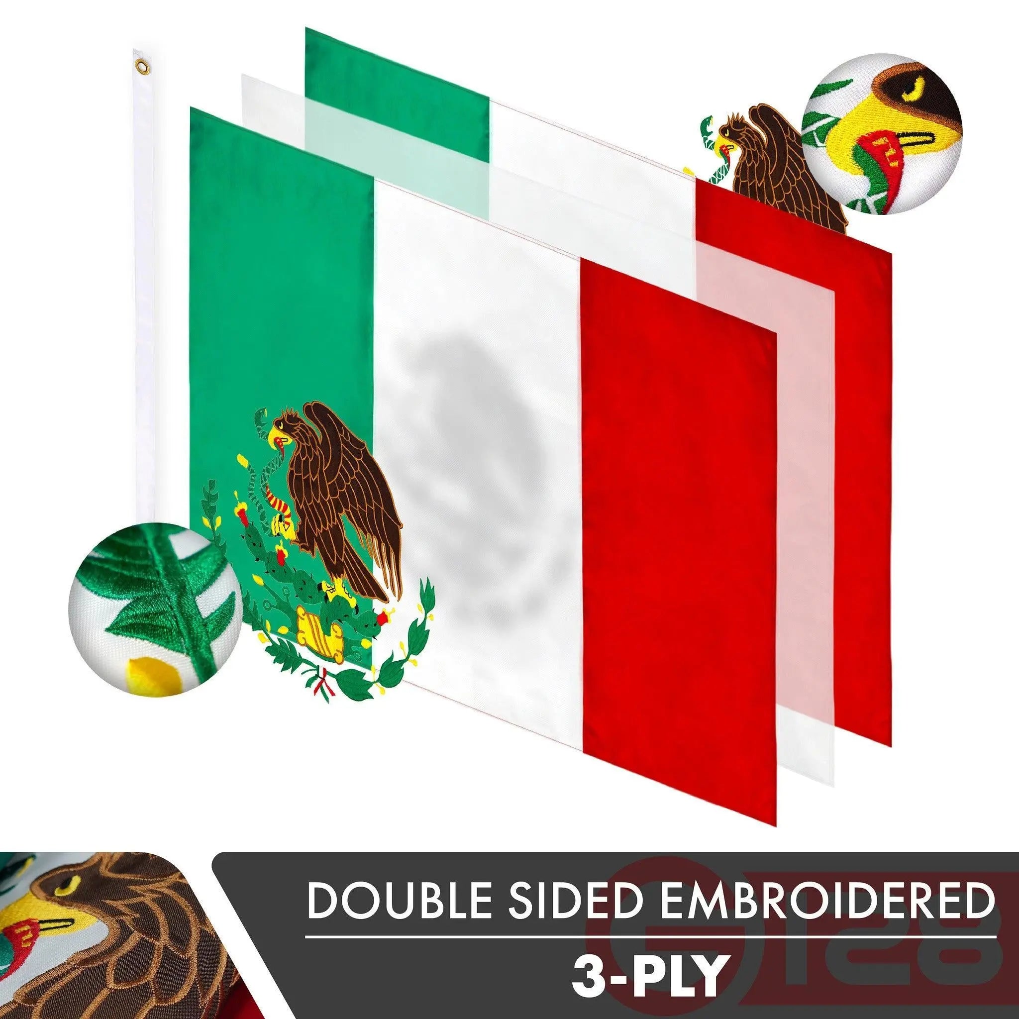 Mexico Mexican Flag 2x3FT 3-Pack Double-sided Embroidered Polyester By G128 G128