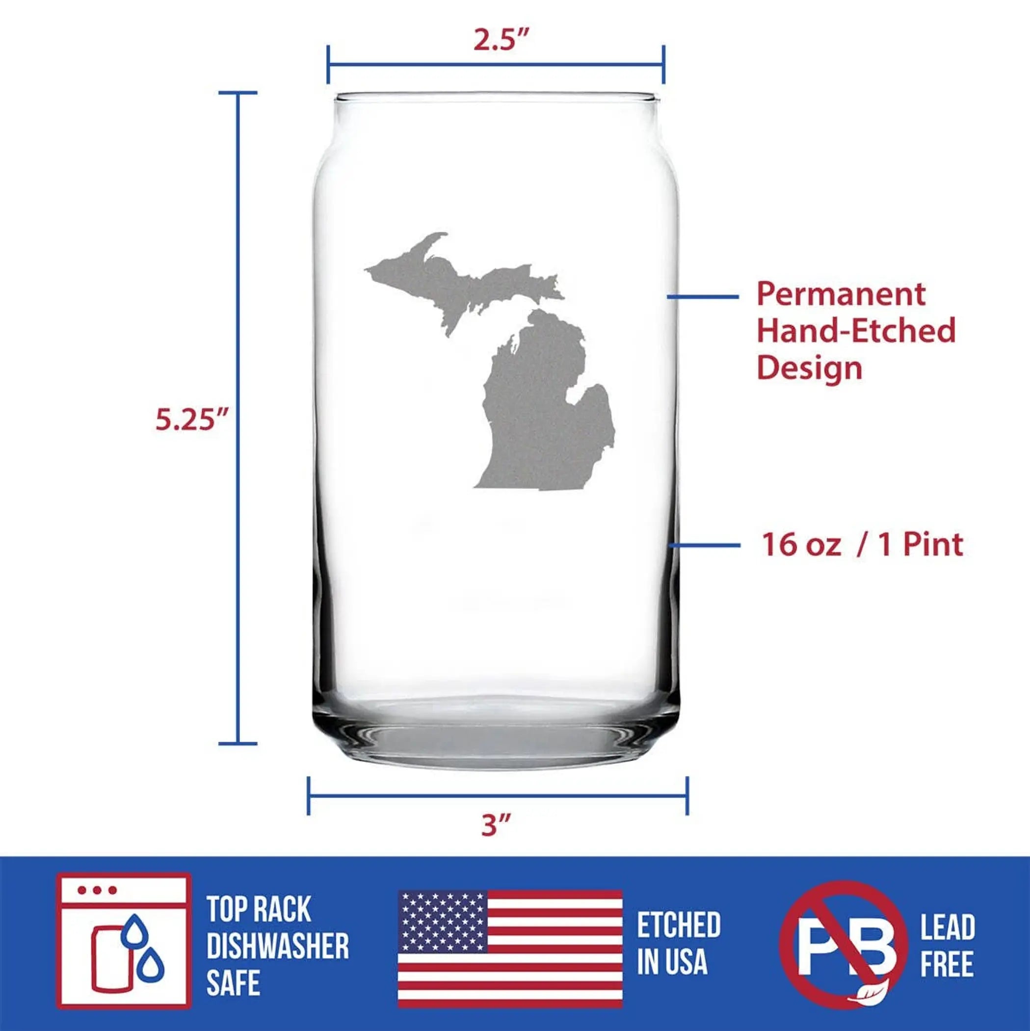 Michigan Outline Beer Can Pint Glass - Michiganders Gifts Bevvee
