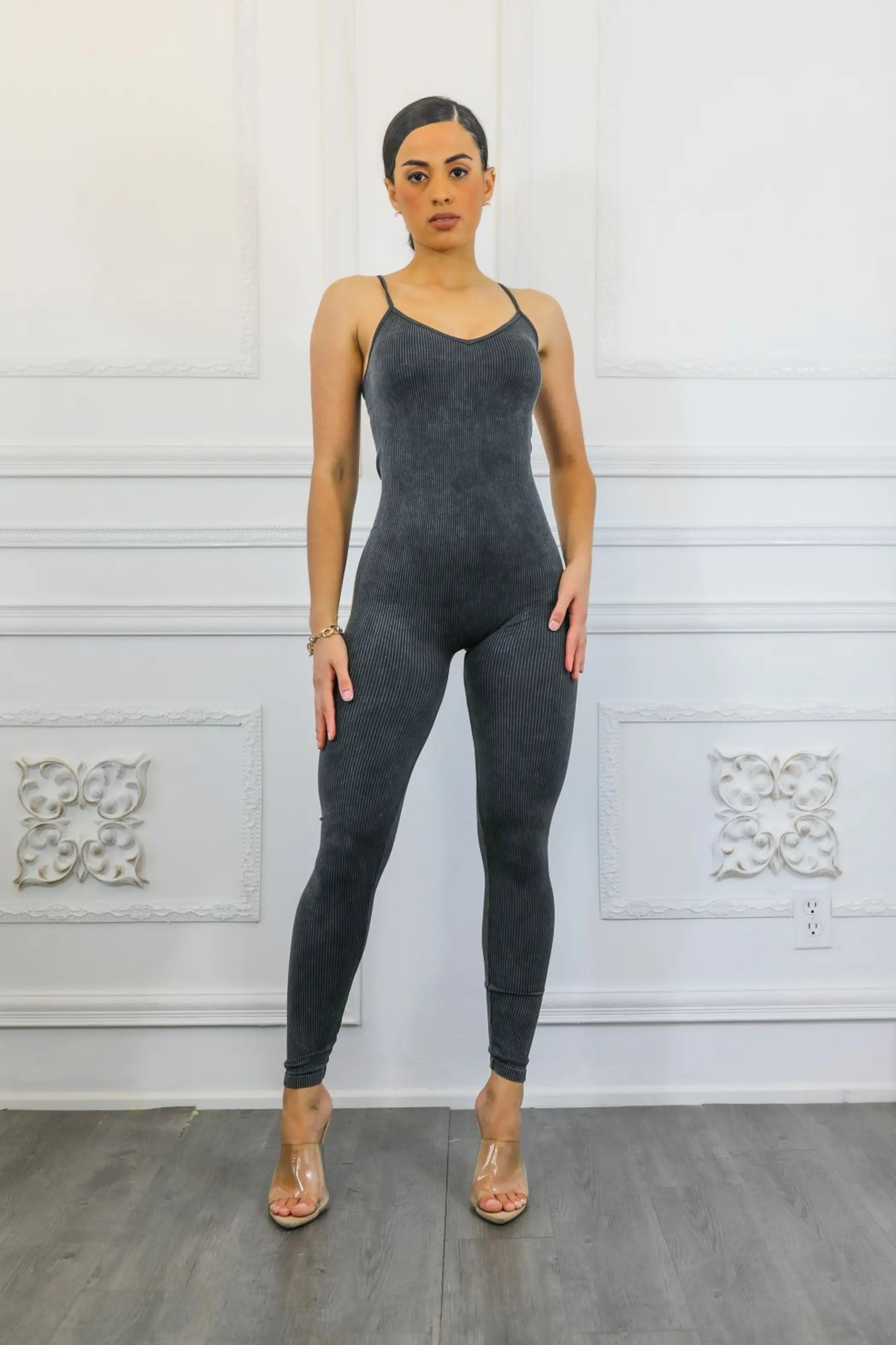 Mineral Acid Wash Ribbed Body Fitted Jumpsuit SurelyMine