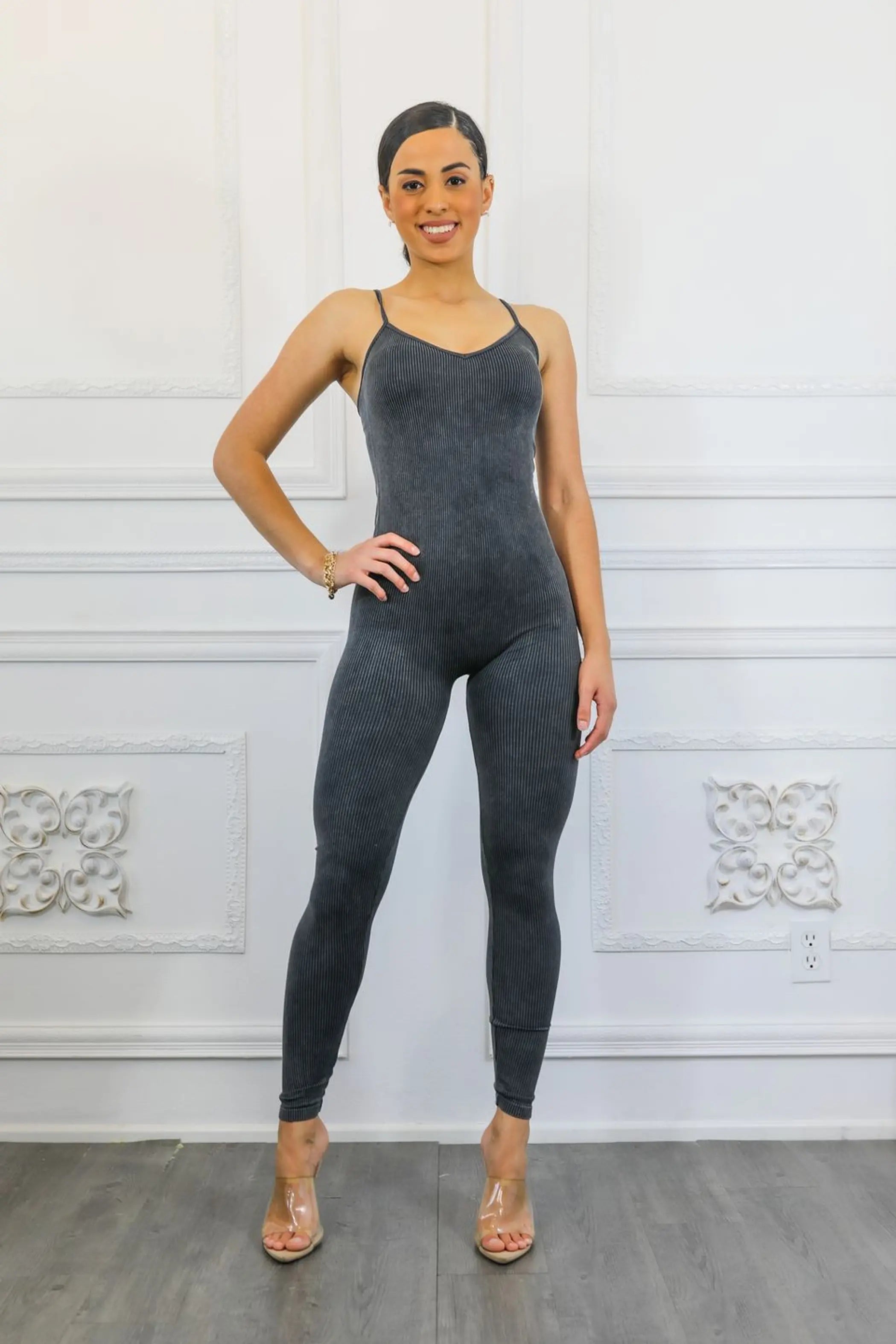 Mineral Acid Wash Ribbed Body Fitted Jumpsuit SurelyMine