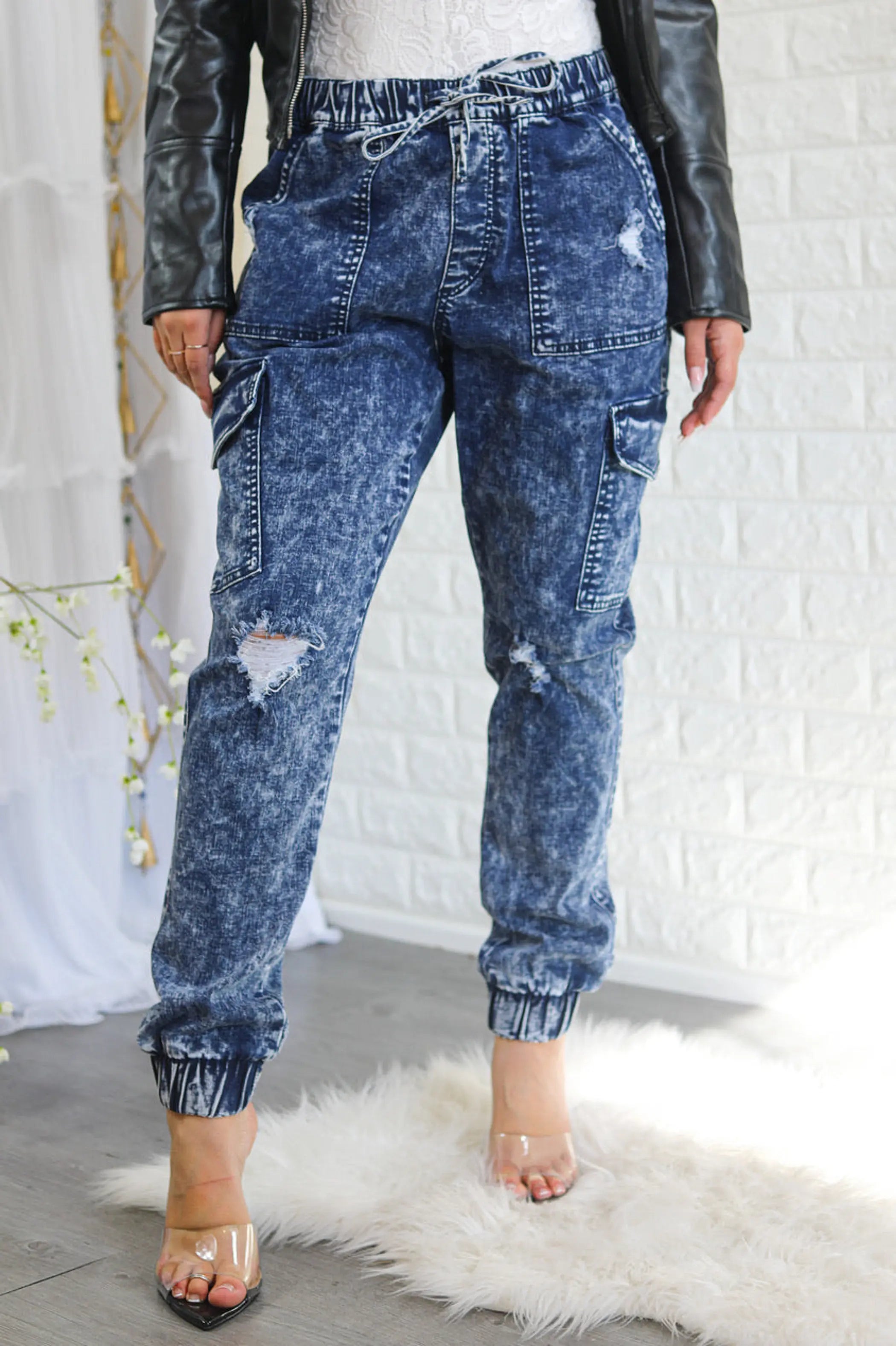 Mineral Wash Cargo Style Distressed Joggers Dark SurelyMine